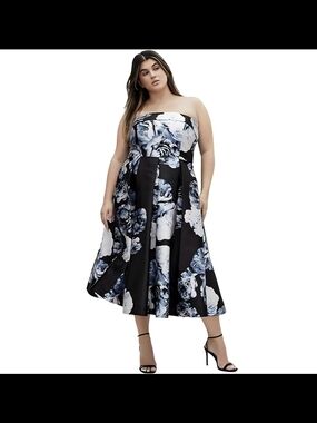 NWT City Chic Strapless Black & Blue-Gray Floral Midi Dress